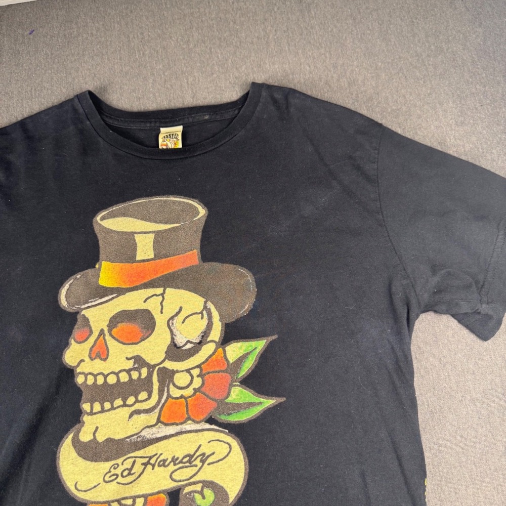 Ed Hardy Mens Skull Top Hat Graphic T-Shirt Black Christian Audigier‎ Large L